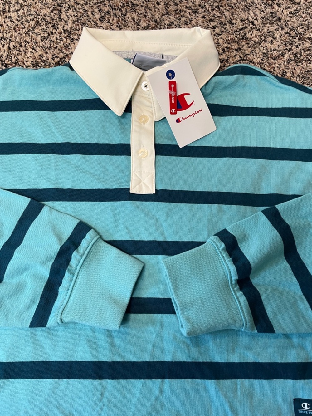 Champion Point Cropped Rugby Tee Milky Way Stripe Blue Collared Var Sizes NWT - Picture 5 of 8